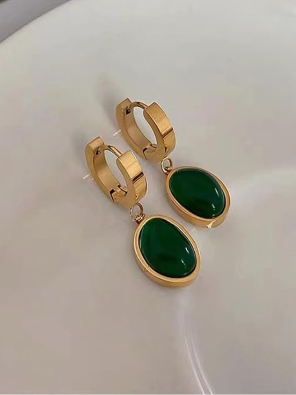 Anthropologie Gold Hoop Earrings with Emerald Green Drops